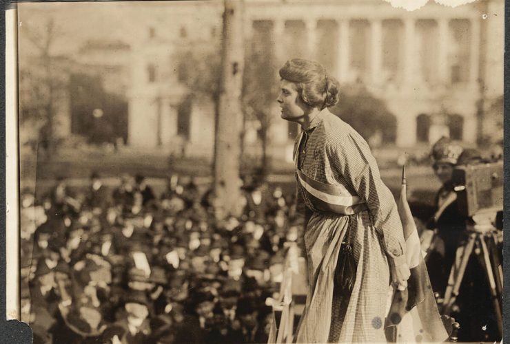 Baltimore suffragist Lucy Branham, in prison dress, speaking in 1919. —The Library of Congress