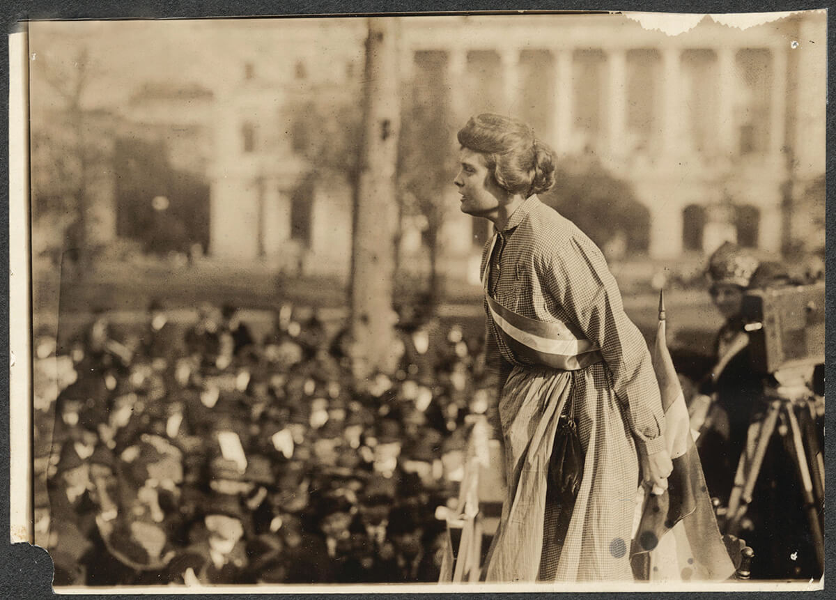 Baltimore suffragist Lucy Branham, in prison dress, speaking in 1919. —The Library of Congress